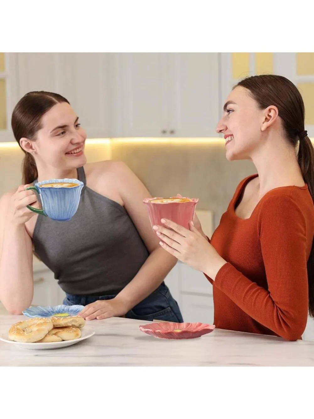 Elegant Floral Ceramic Tea Cups & Saucers Set - 10 oz Microwave & Dishwasher